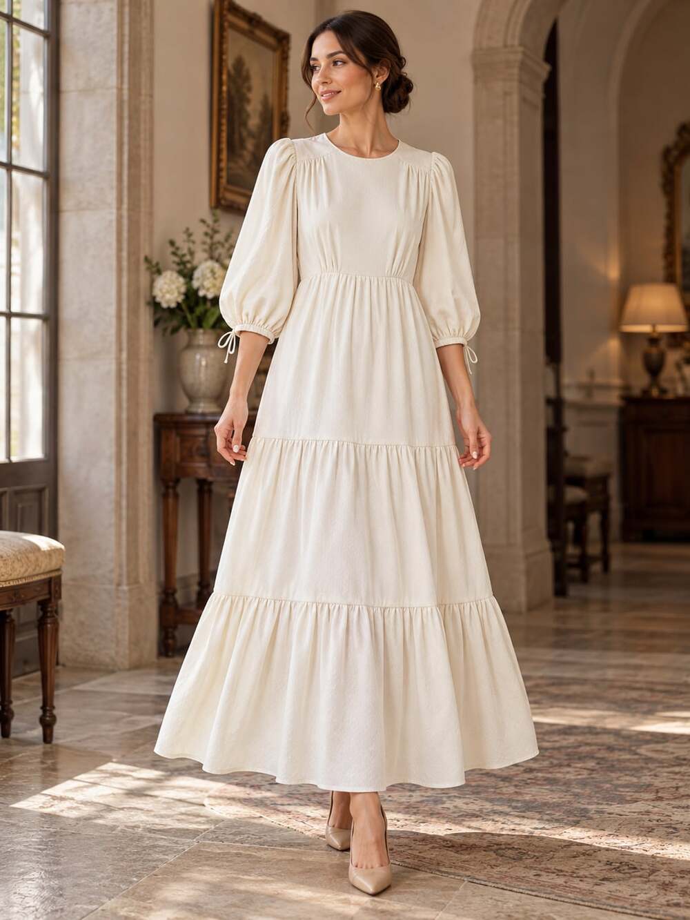 Ivy City Co Cream Tiered Maxi Dress Puff Sleeve Cotton Knit XS